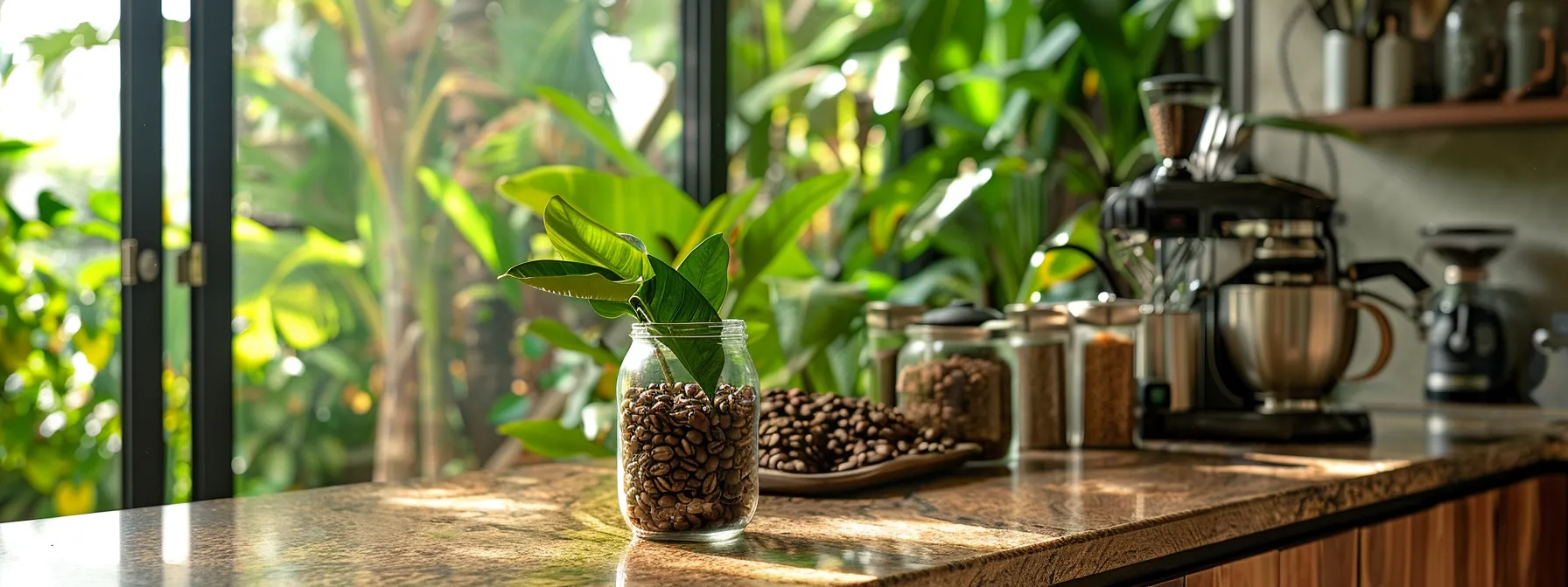 a serene kitchen countertop adorned with freshly roasted hawaiian coffee beans in a glass jar, surrounded by brewing equipment and lush green leaves.