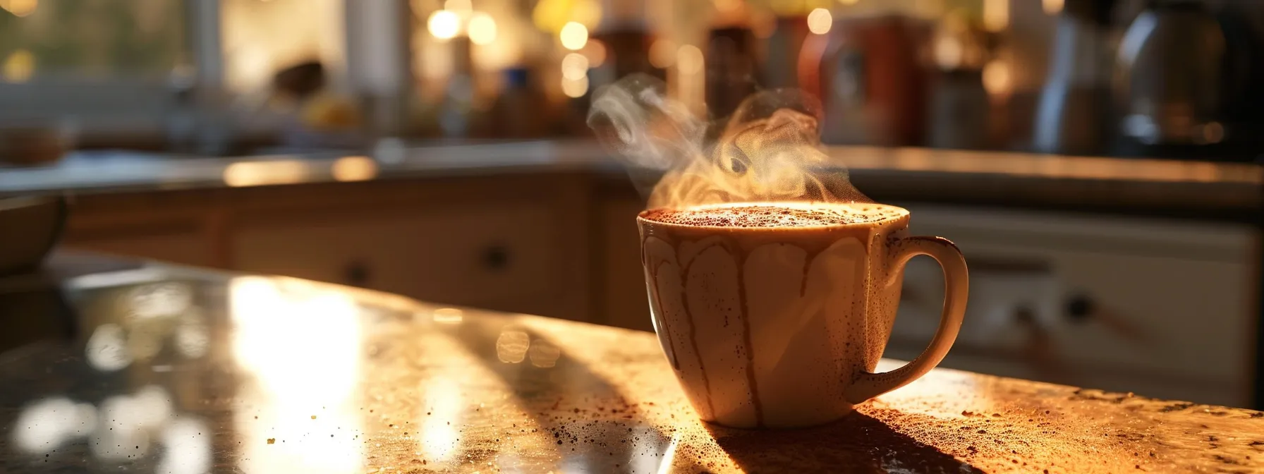 a steaming mug of rich, velvety chocolate latte topped with frothy milk foam and a sprinkle of cocoa powder on a cozy kitchen counter.