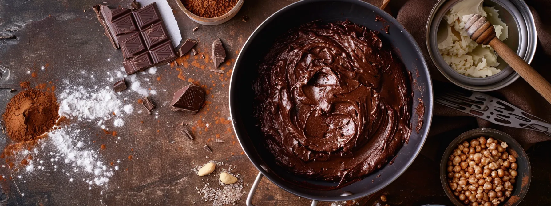 a rich, decadent chocolate cake being baked, with a bowl of cashew blend and alternative ingredients beside it.