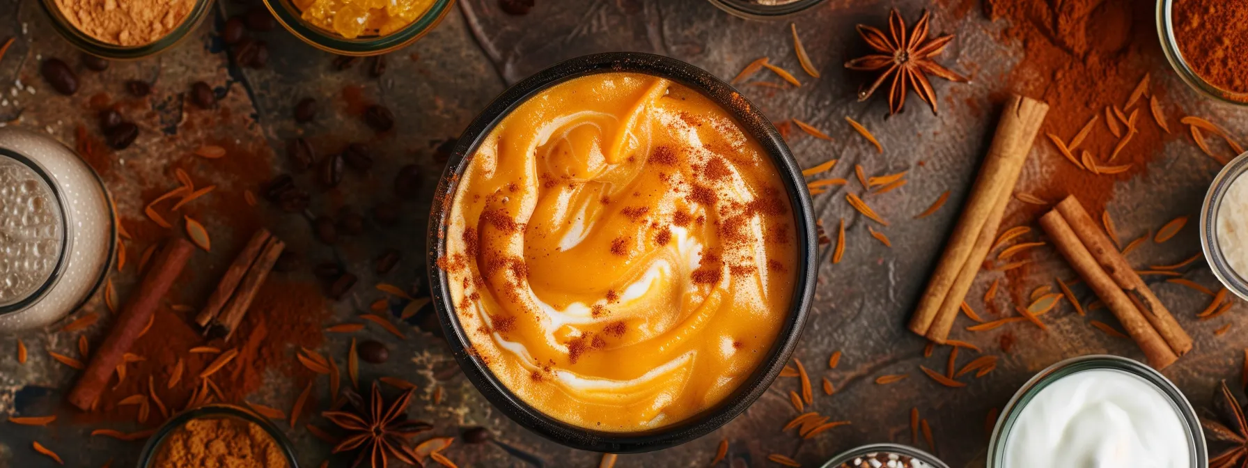 a vibrant orange pumpkin spice purée swirls into a frothy coffee foam, surrounded by a selection of sweeteners and milk options.