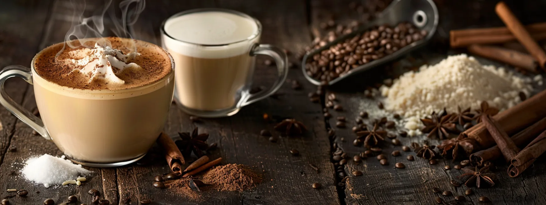 a steaming cup of chai latte surrounded by aromatic spices and a shot of espresso, ready to be mixed with milk and sugar, creating a perfect homemade latte.