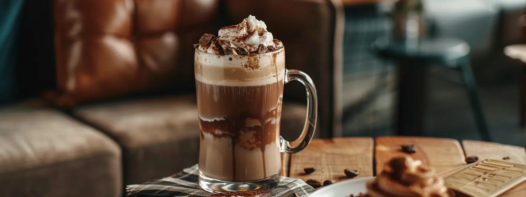 a creamy chocolate latte topped with frothy oat milk and drizzled with rich chocolate syrup served in a clear glass on a cozy, wooden table.