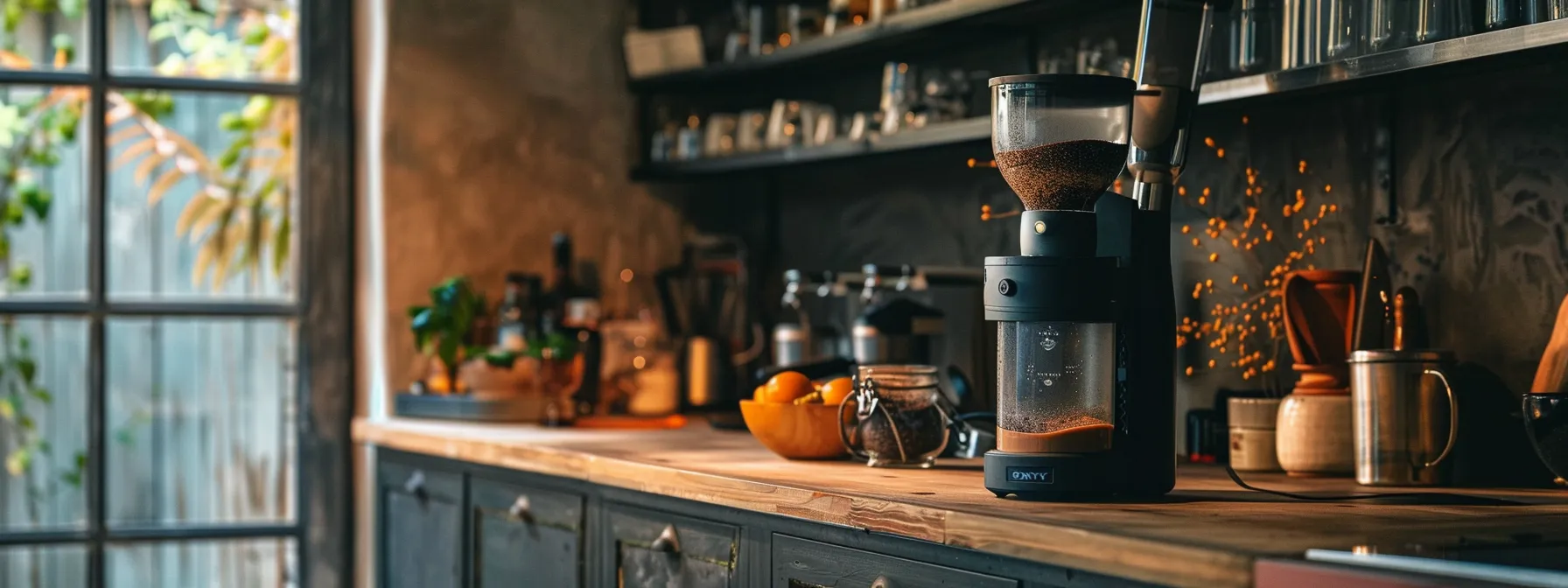 a sleek, modern coffee grinder sits atop a clean, organized countertop, ready for the perfect brew.