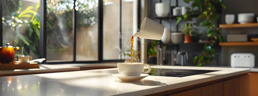 steaming hot espresso being poured into a sleek, white ceramic cup on a modern countertop.