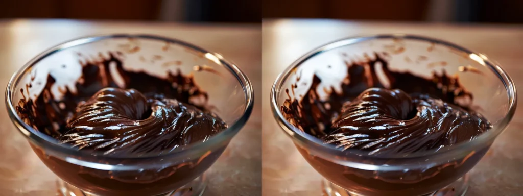 a rich, velvety chocolate batter being carefully folded in a glass mixing bowl, creating a glossy, decadent swirl.