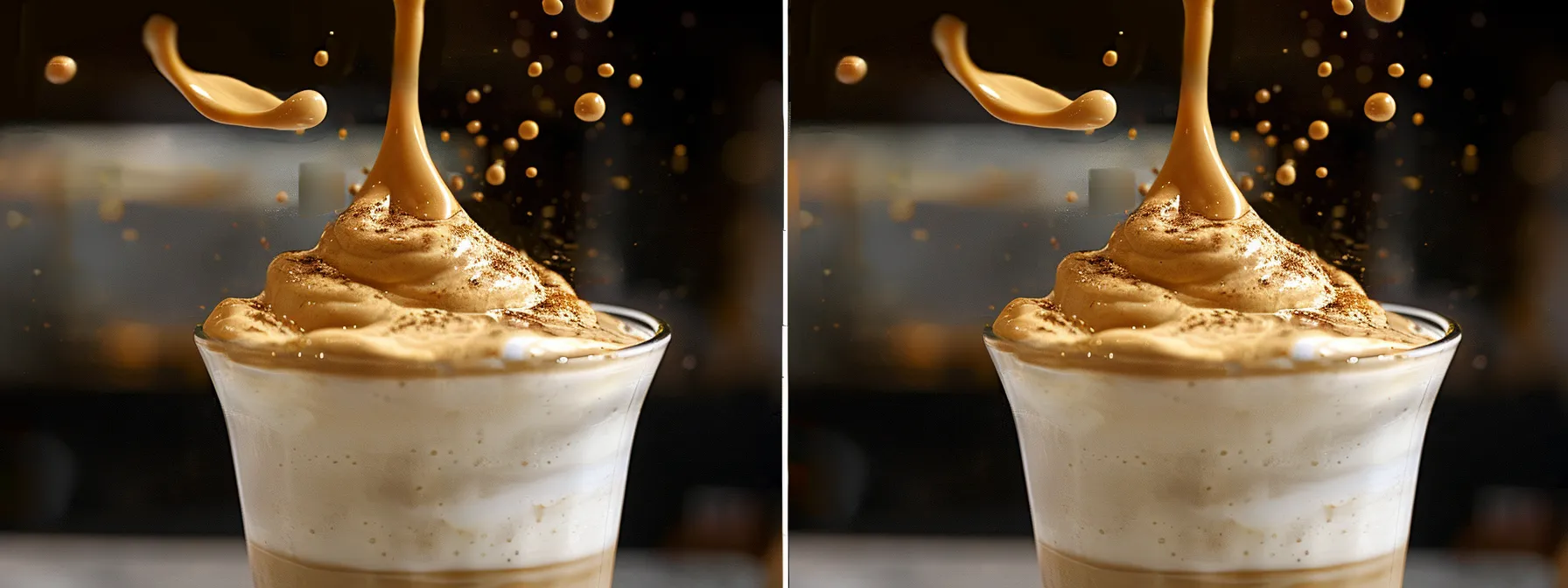 a frothy, velvety dollop of pumpkin spice dalgona coffee being artfully swirled on top of a glass of milk, with a sprinkle of caramel and a touch of vanilla for a touch of warmth and sophistication.