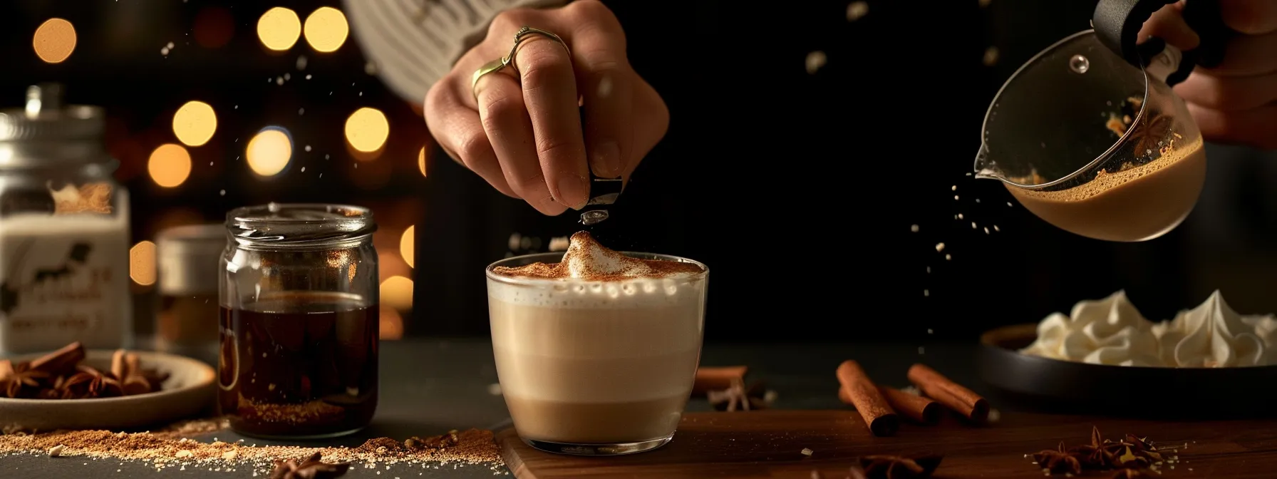 a barista adding cinnamon and honey to a frothy almond milk latte, creating a warm and inviting aroma.