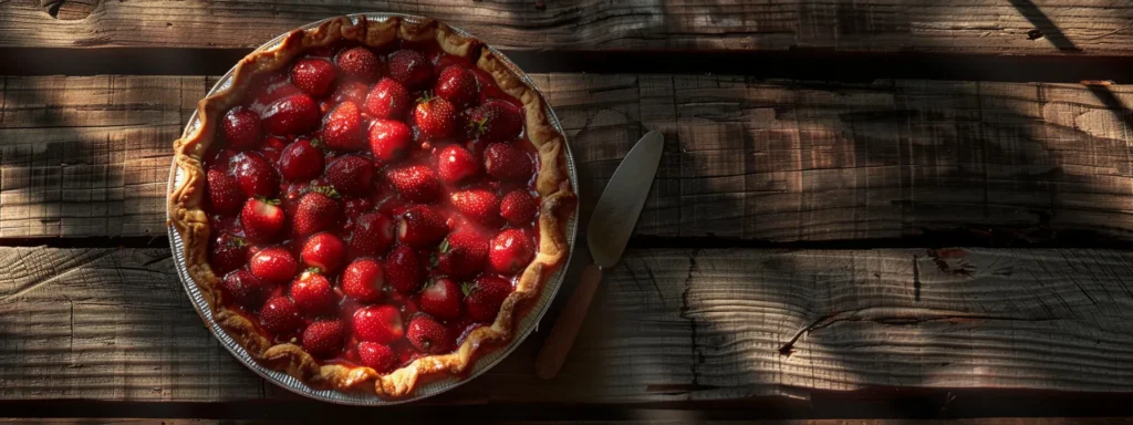 a vibrant, freshly baked vegan strawberry pie cooling on a rustic wooden table.