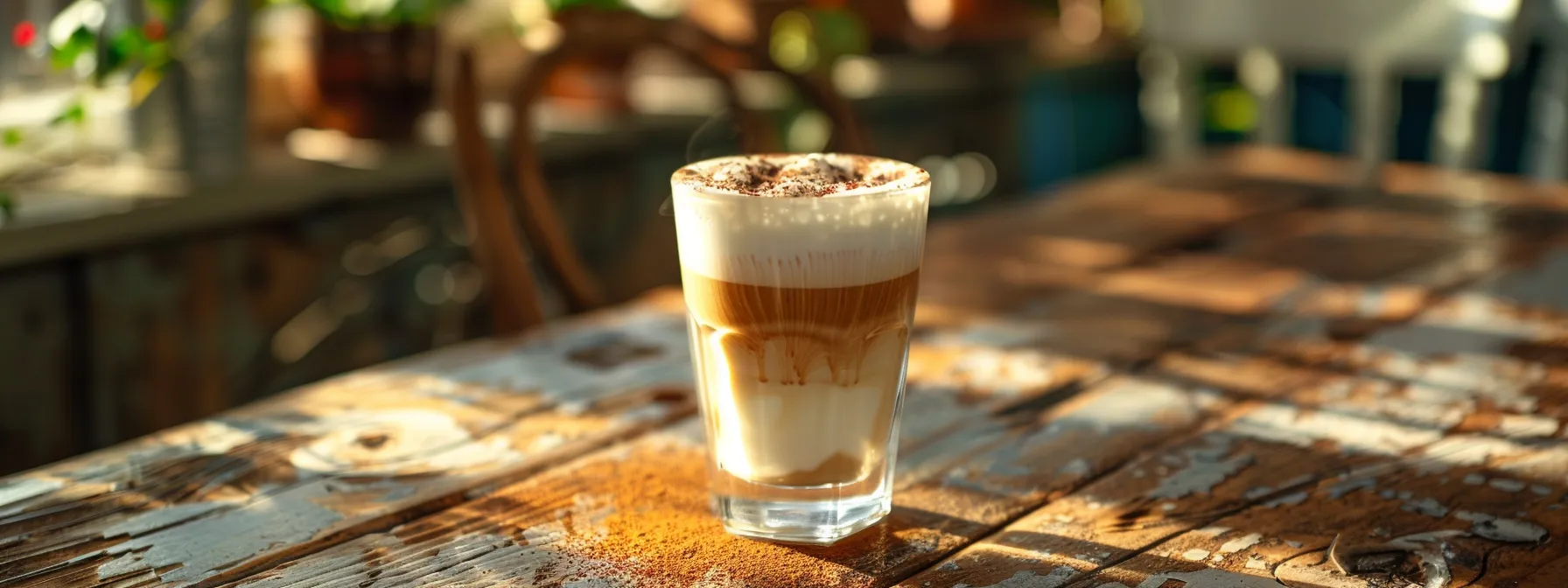 a clear glass filled with layers of rich espresso and frothy milk, topped with a sprinkle of cocoa powder, set beautifully on a rustic wooden table.