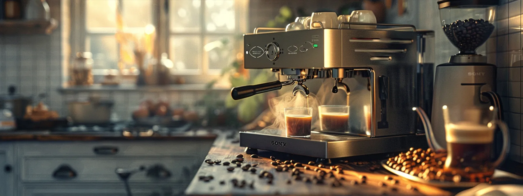 a barista-quality espresso machine steaming up in a cozy kitchen, surrounded by freshly ground coffee beans and a perfectly crafted latte in a ceramic cup.