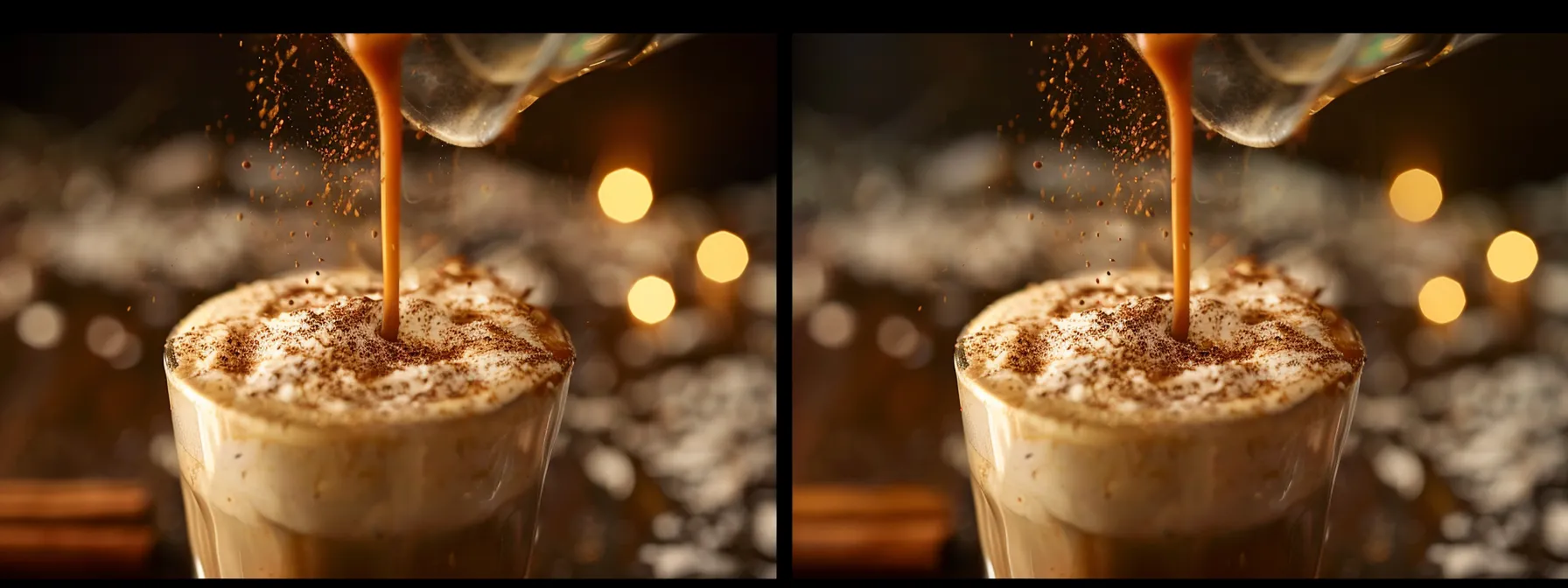 a caramel mocha being blended with coconut milk and cinnamon, topped with frothy foam and drizzled with caramel sauce.