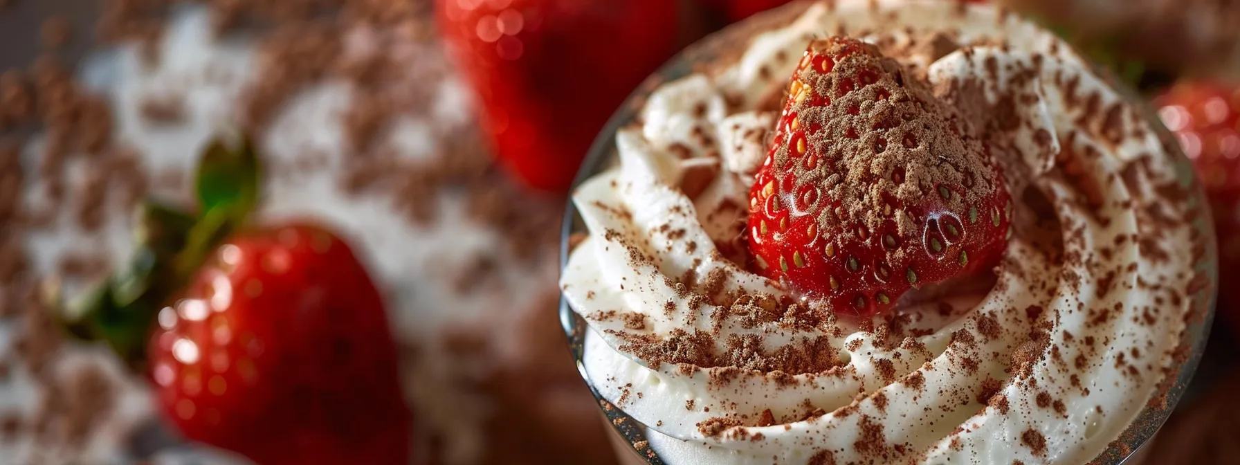 a close-up photo of a velvety strawberry mocha topped with a dollop of sweet cream and sprinkled with cocoa powder.