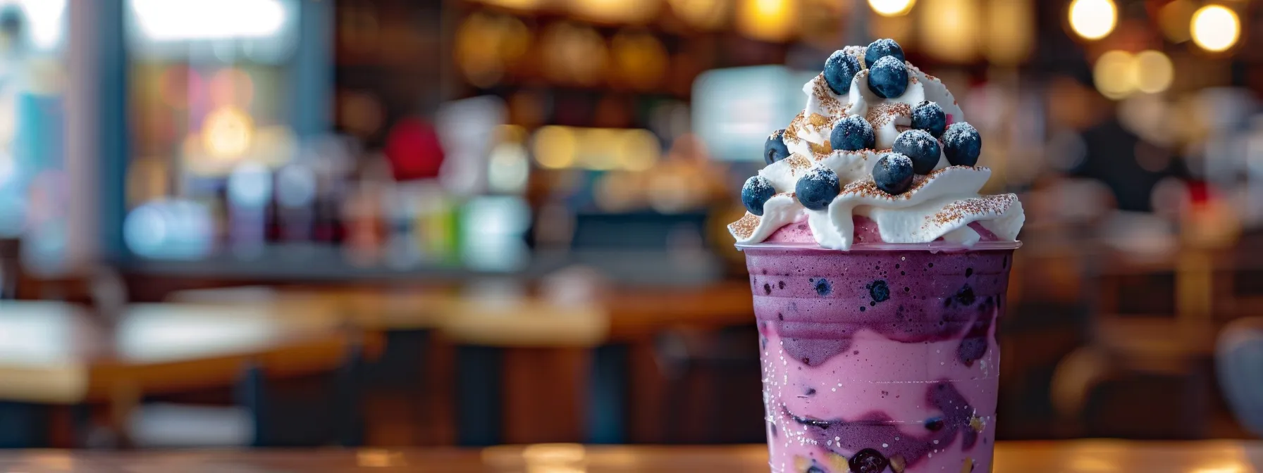 a vibrant blueberry muffin frappuccino topped with whipped cream and blueberry syrup, set against a backdrop of a bustling starbucks cafe.