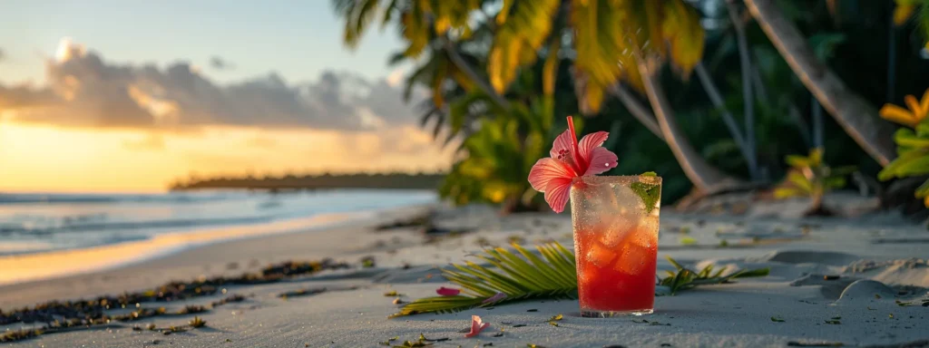 a palm tree-lined beach with a colorful tropical drink garnished with a vibrant hibiscus flower and coconut straw in the foreground.