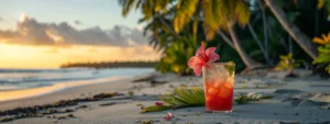 a palm tree-lined beach with a colorful tropical drink garnished with a vibrant hibiscus flower and coconut straw in the foreground.