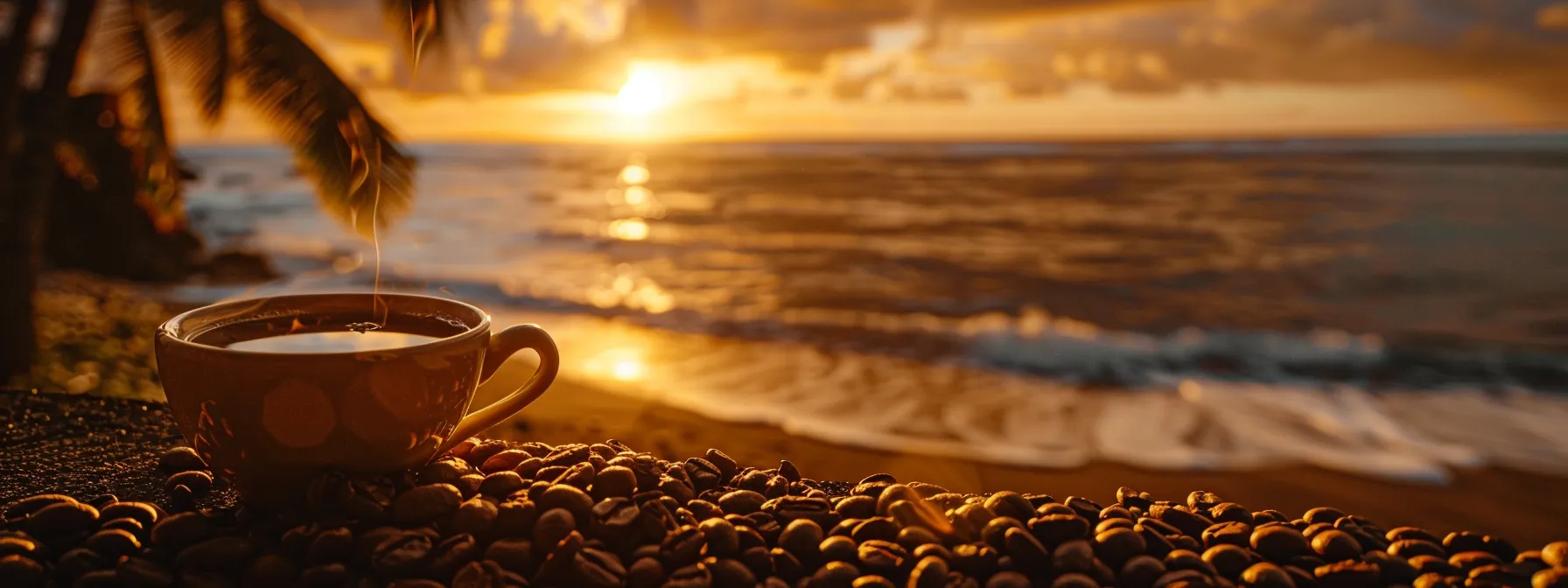 a serene tropical sunrise casting golden light on a traditional hawaiian coffee brewing set-up, with freshly ground beans ready for the perfect island-style cup.