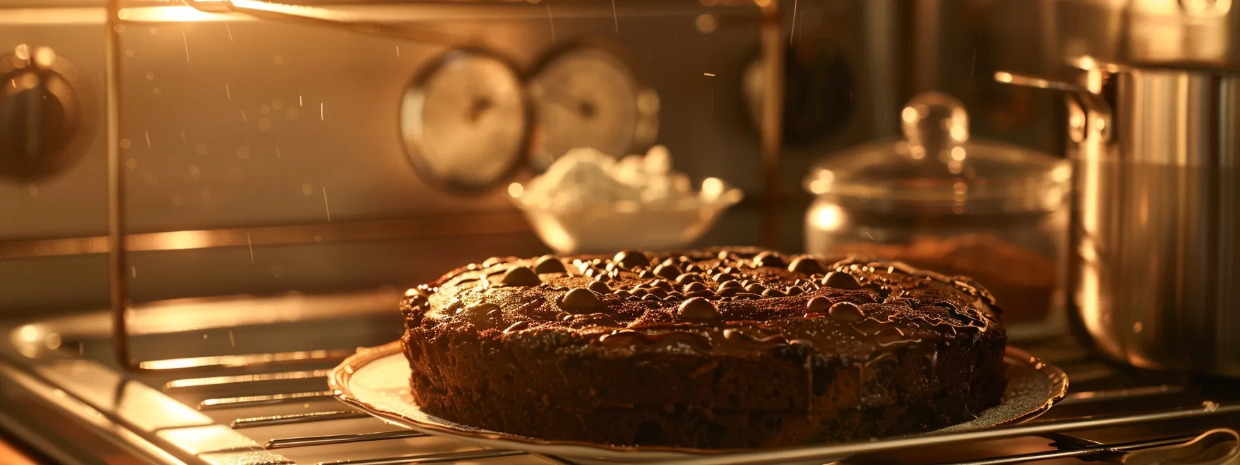 a decadent, fluffy chocolate cake rising perfectly in the oven, with a bowl of baking powder and a temperature gauge nearby.