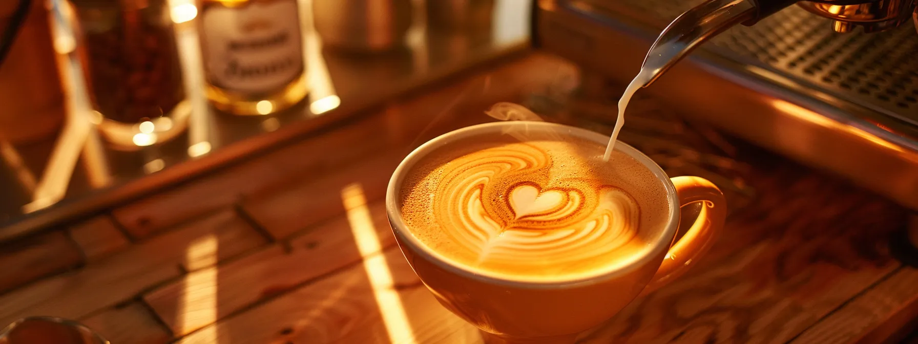 a barista carefully pouring steamed milk into a perfectly brewed espresso, creating a beautiful heart design atop a creamy latte.