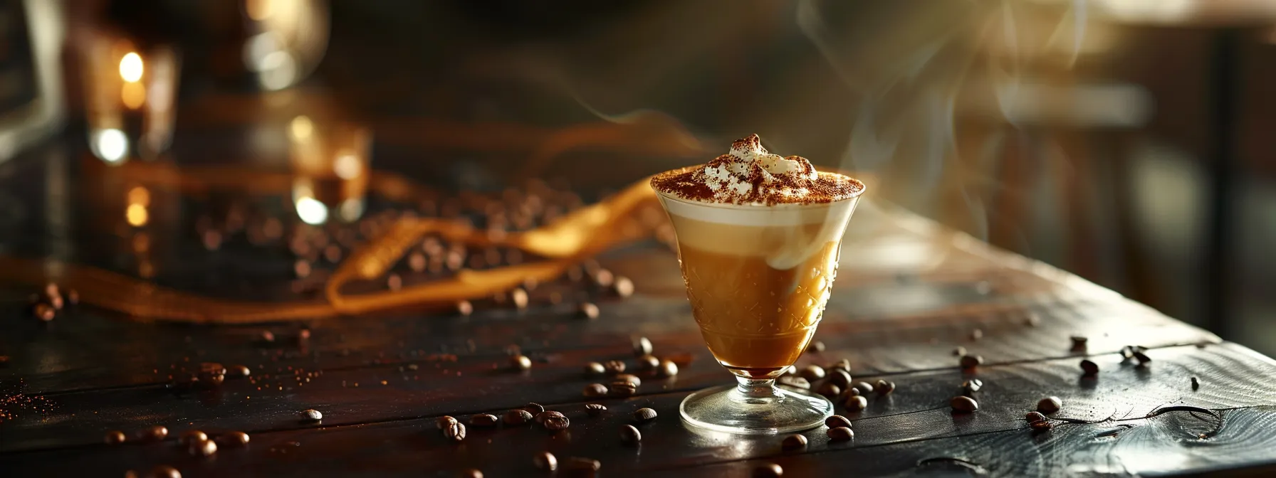 a beautifully garnished caramel mocha served in a stylish glass cup on a wooden table with fresh coffee beans scattered around.