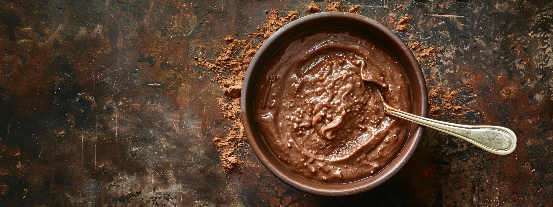 a chocolate cake batter bowl filled with applesauce, mashed banana, flaxseed, chia seeds, vinegar, baking soda, yogurt, and buttermilk, ready for mixing.