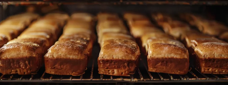 a row of perfectly aligned loaves of golden-brown bread, freshly baked and cooling on wire racks in a commercial bakery.