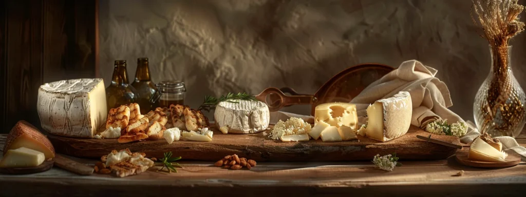 a selection of creamy, decadent cheeses displayed on a rustic wooden board, ready to be used in a delicious cheesecake recipe.