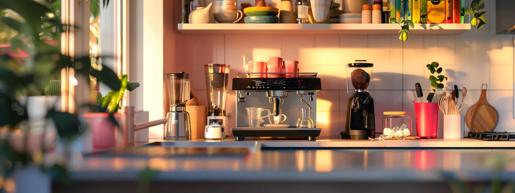 a sleek, modern espresso machine surrounded by steaming milk jugs, colorful recipe books, and sparkling cleaning supplies on a bright kitchen countertop.