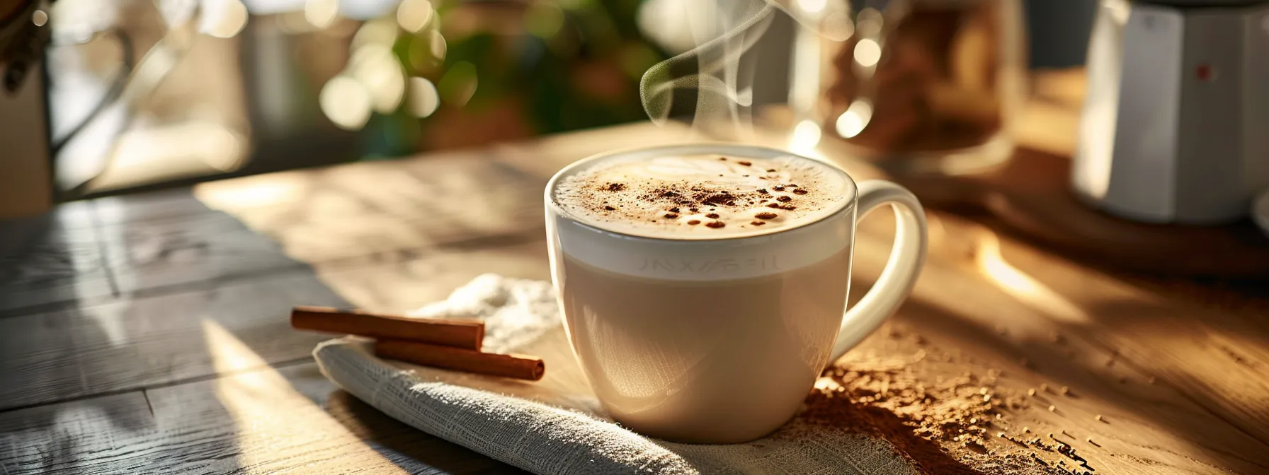 a steaming almond milk latte topped with frothy foam and a sprinkle of cinnamon in a sleek ceramic mug.