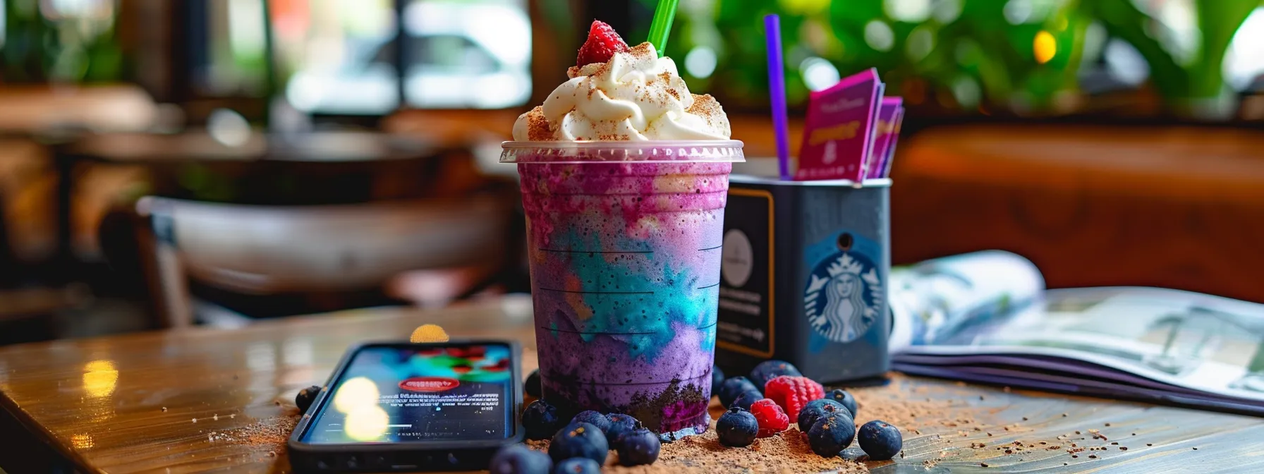 a table set with a colorful blueberry muffin frappuccino surrounded by a smartphone displaying social media posts about the drink, starbucks enthusiast magazines, and a suggestion box for feedback.