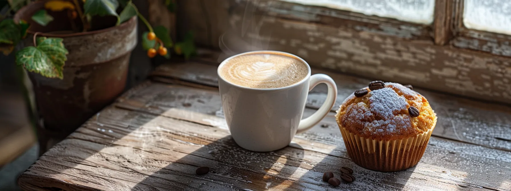 a steaming almond milk latte sits next to a freshly baked muffin on a rustic wooden table, creating a cozy and inviting morning scene.