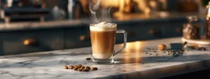 steaming almond milk swirling into rich espresso in a clear glass mug on a marble countertop.