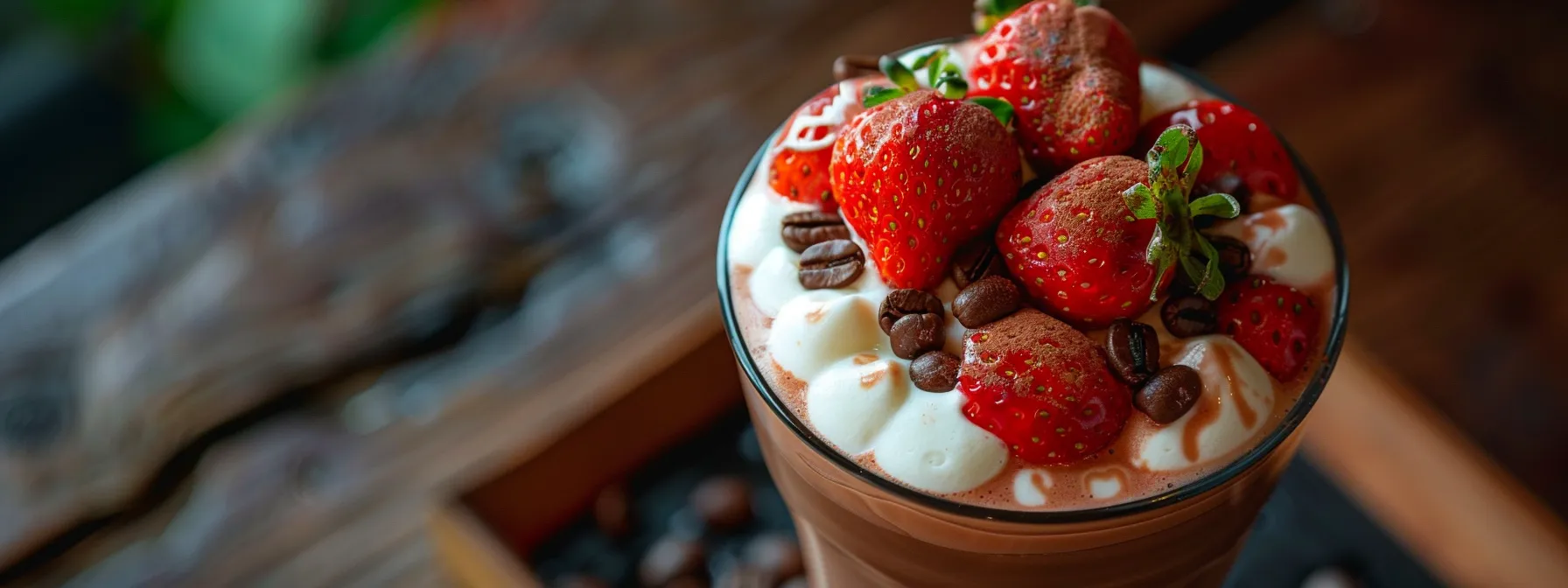 a rich, chocolatey mocha topped with vibrant, fresh strawberries.