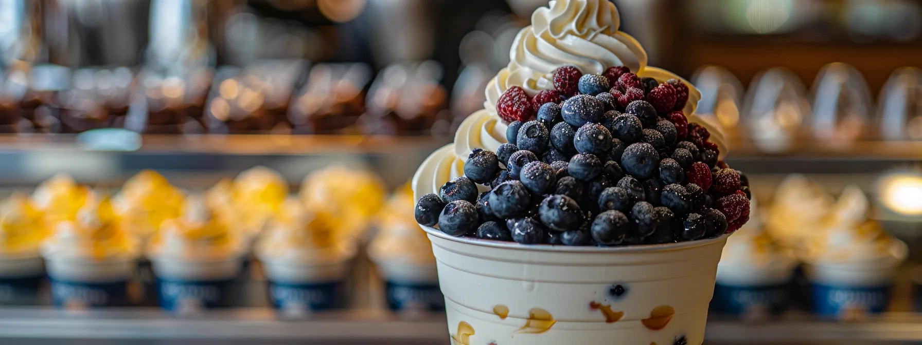 a colorful array of fresh blueberries, vanilla syrup, and whipped cream set against a backdrop of a starbucks logo-free counter.