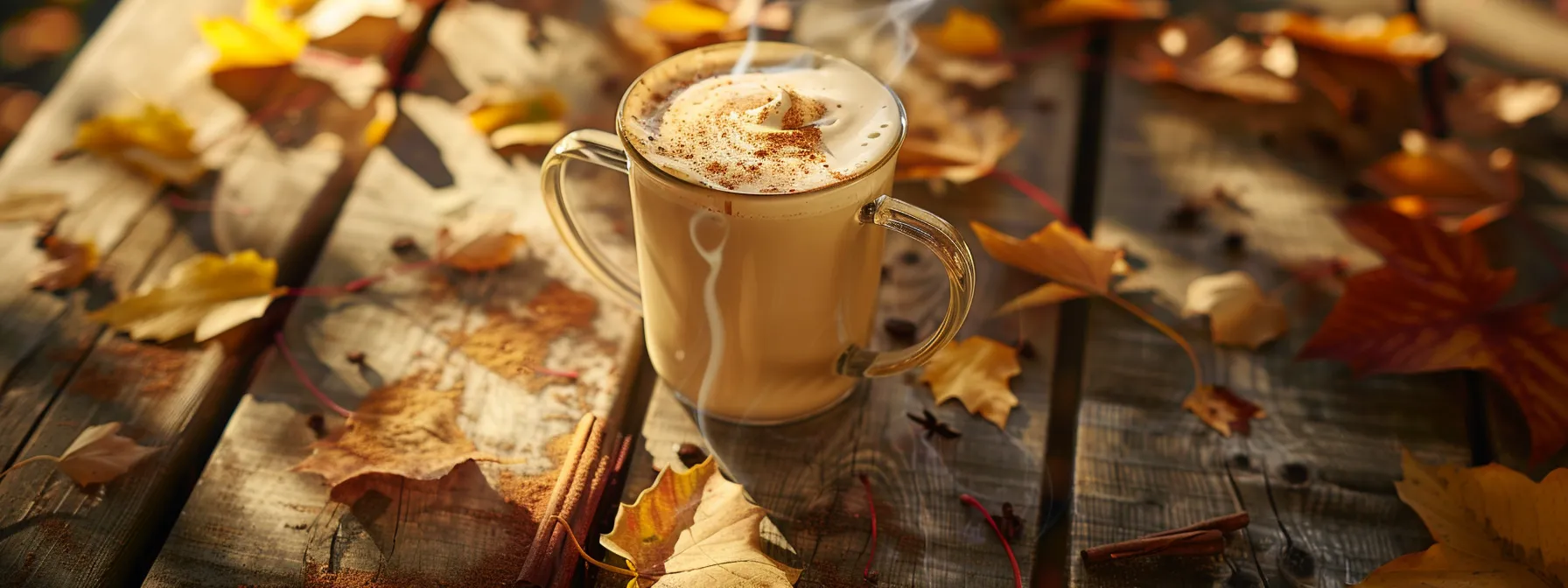 a steaming mug of creamy, frothy pumpkin spice dalgona coffee sits on a rustic wooden table, garnished with a sprinkle of cinnamon and surrounded by scattered fall leaves.