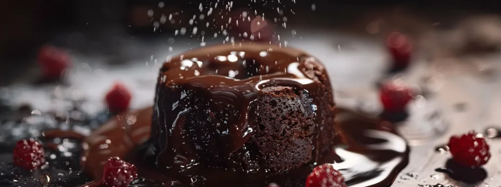 indulgent chocolate lava cake oozing with gooey, molten goodness from the center.