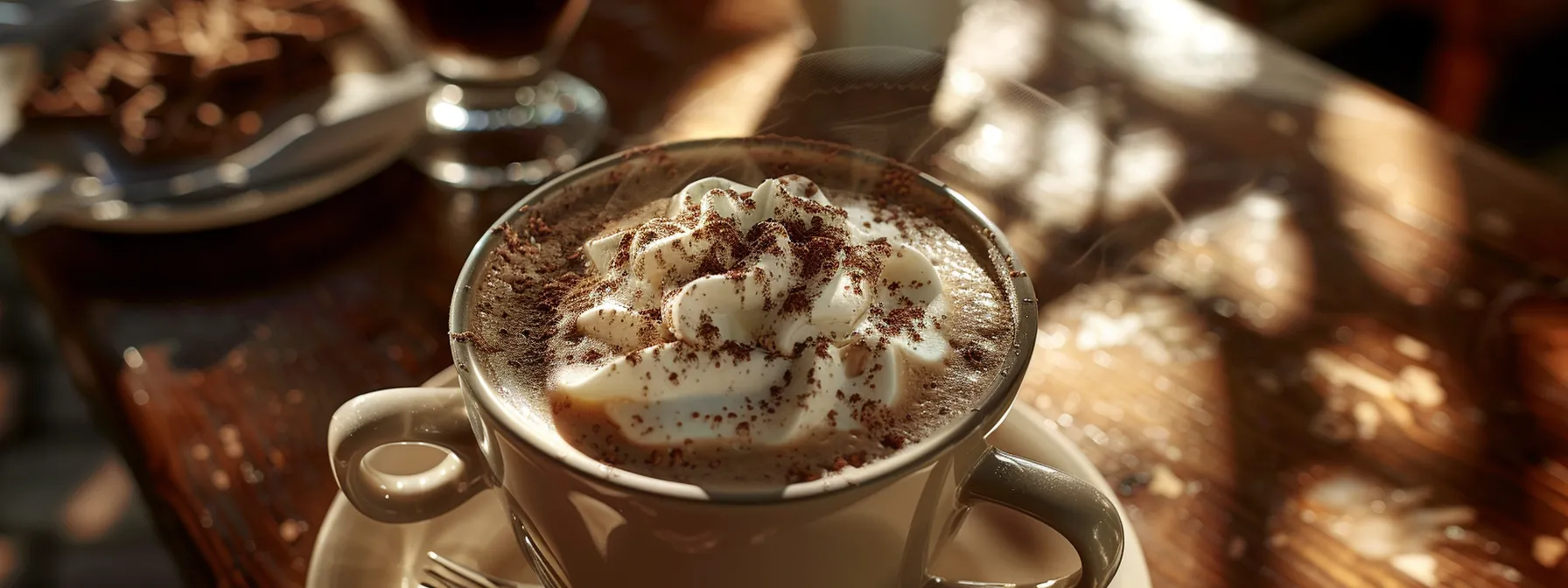 a steaming cup of velvety mocha nestled in a cozy cafe setting, showcasing a rich chocolate blend and frothy milk swirls.