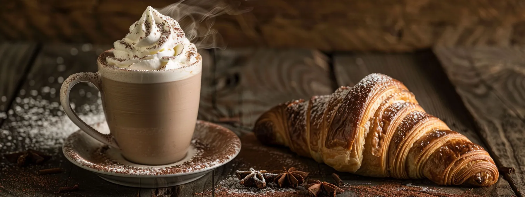 a steaming chocolate latte topped with a swirl of whipped cream and a sprinkle of cocoa powder, served alongside a warm, freshly baked croissant on a rustic wooden table.