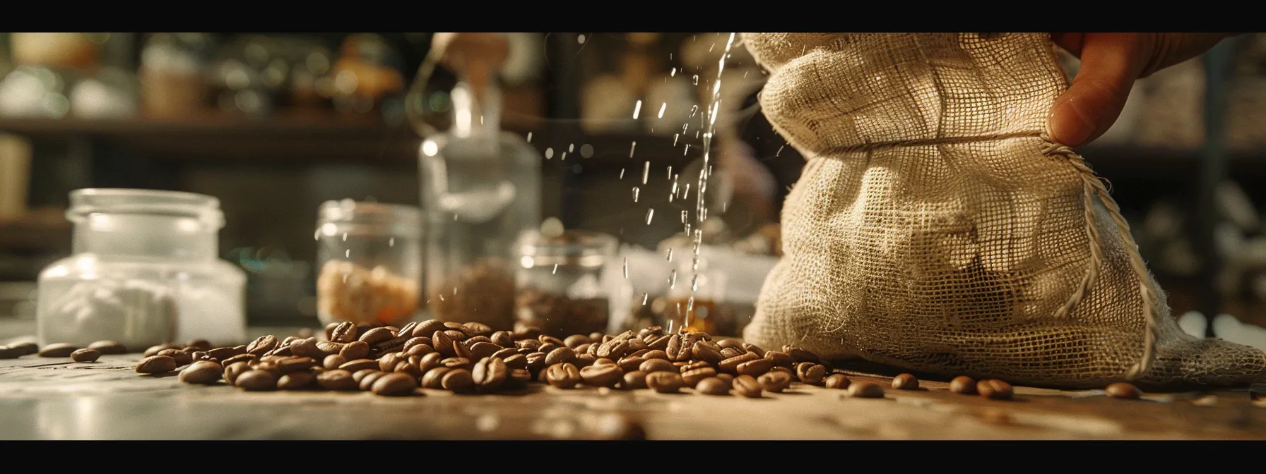 a close-up photo of a hand selecting rich espresso beans from a burlap bag, with clear, clean water and a selection of sweeteners in the background.