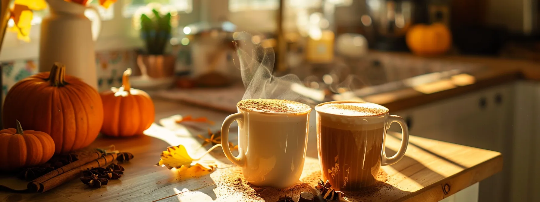 a cozy kitchen countertop adorned with steaming mugs of dairy-free pumpkin spice dalgona coffee, featuring an array of unique fall flavor additions scattered around.