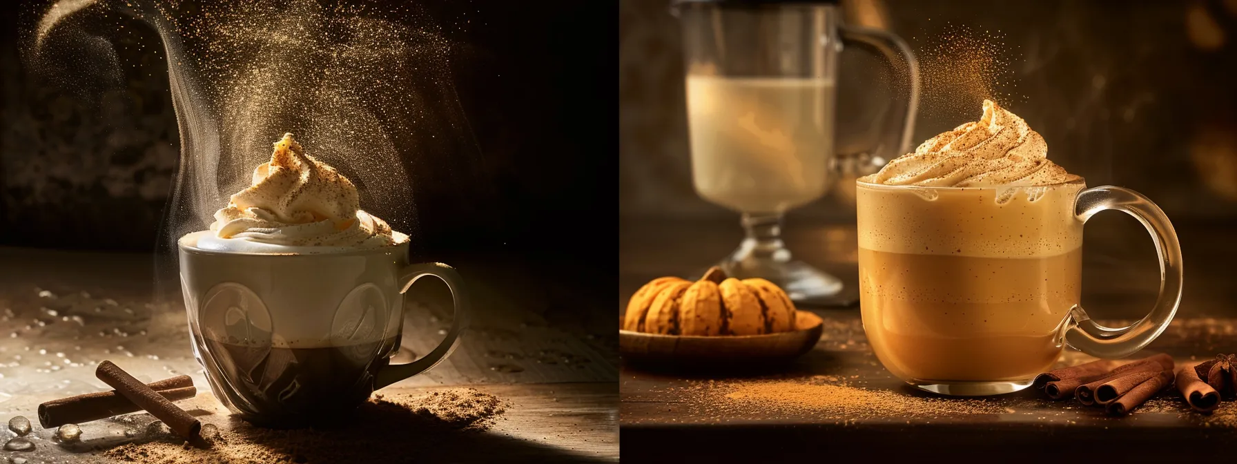 a steaming mug of pumpkin spice dalgona coffee with a perfect whipped texture, cinnamon sprinkled on top, next to a frothy oat milk pitcher.