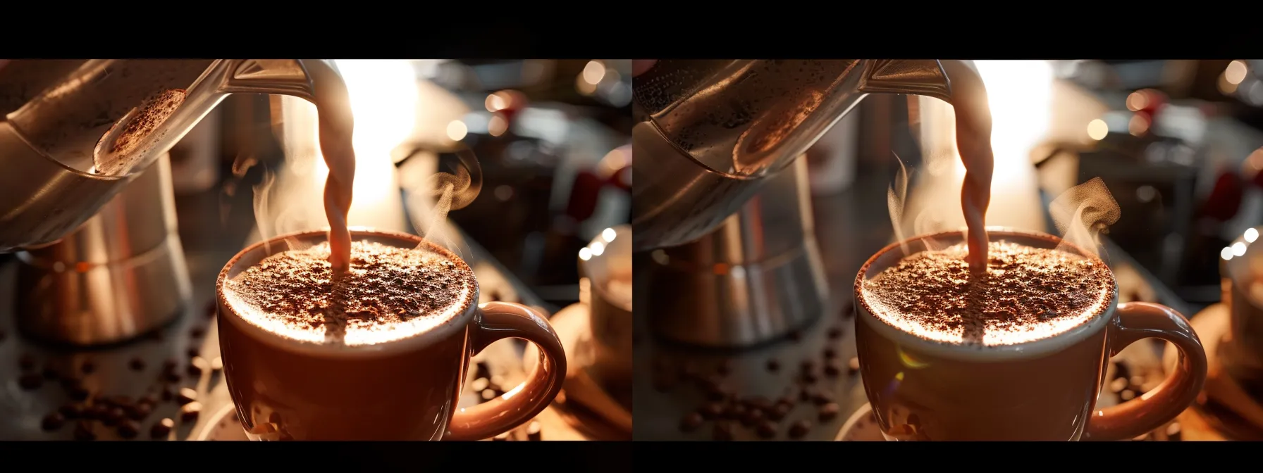 a barista expertly pouring rich, velvety cocoa-infused milk into a steaming espresso shot, creating the perfect chocolate latte.