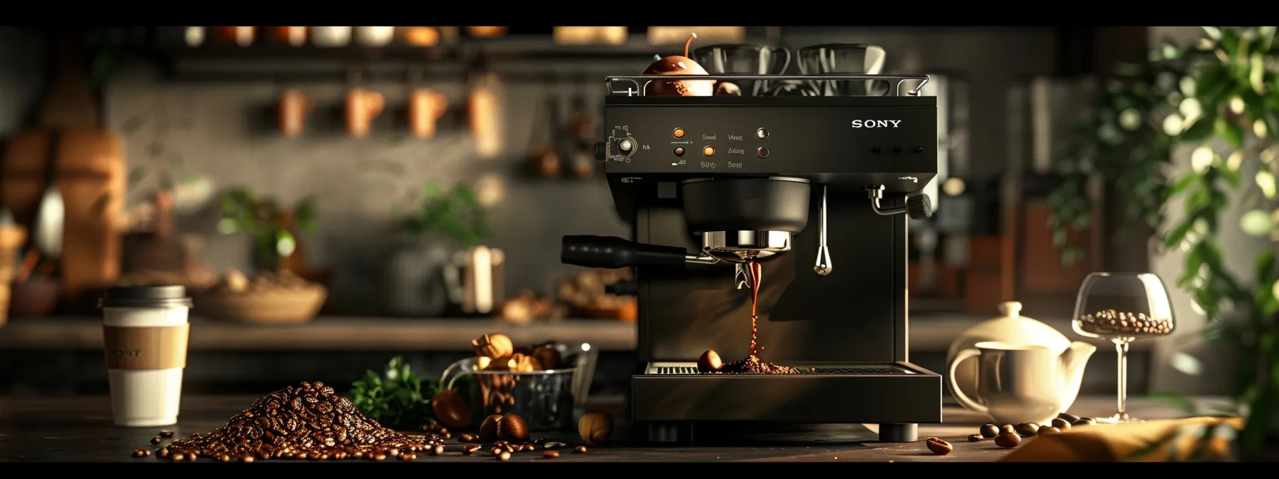 a sleek espresso machine surrounded by freshly ground coffee beans and a perfectly tamped puck, ready for brewing.