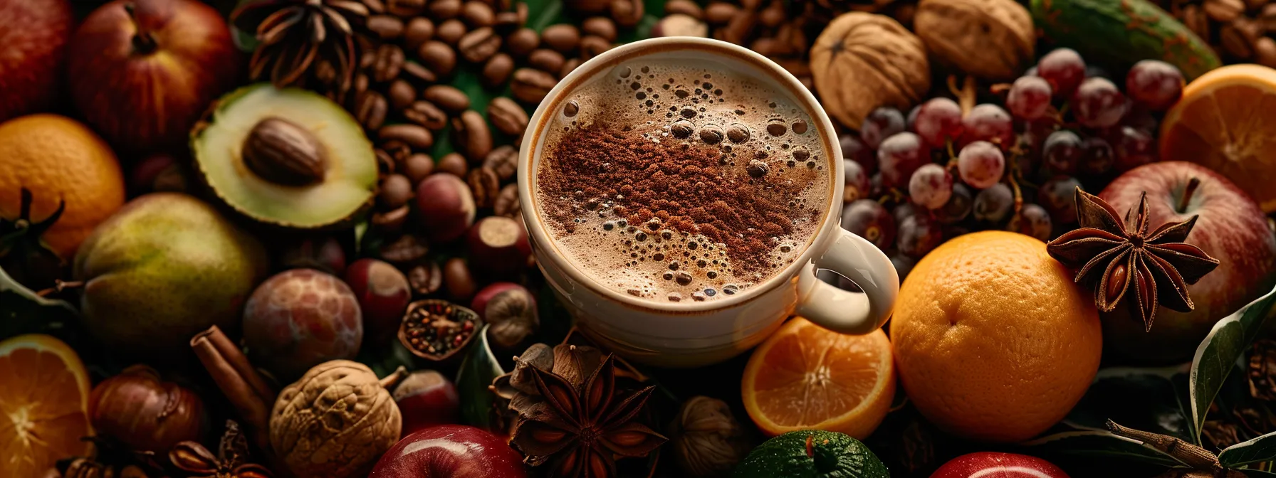 a steaming cup of rich, decadent mocha surrounded by fresh, vibrant fruits and nuts, highlighting the balance between indulgence and wellness in california.