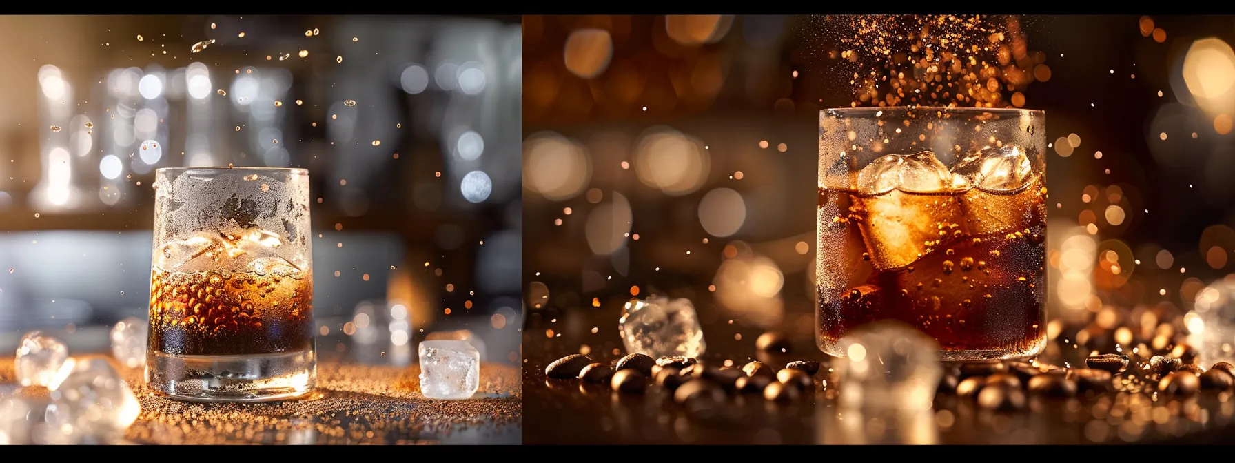 a glass filled to the brim with rich, dark espresso layered over ice cubes, condensation glistening on the outside, with a sprinkle of coffee beans on top.