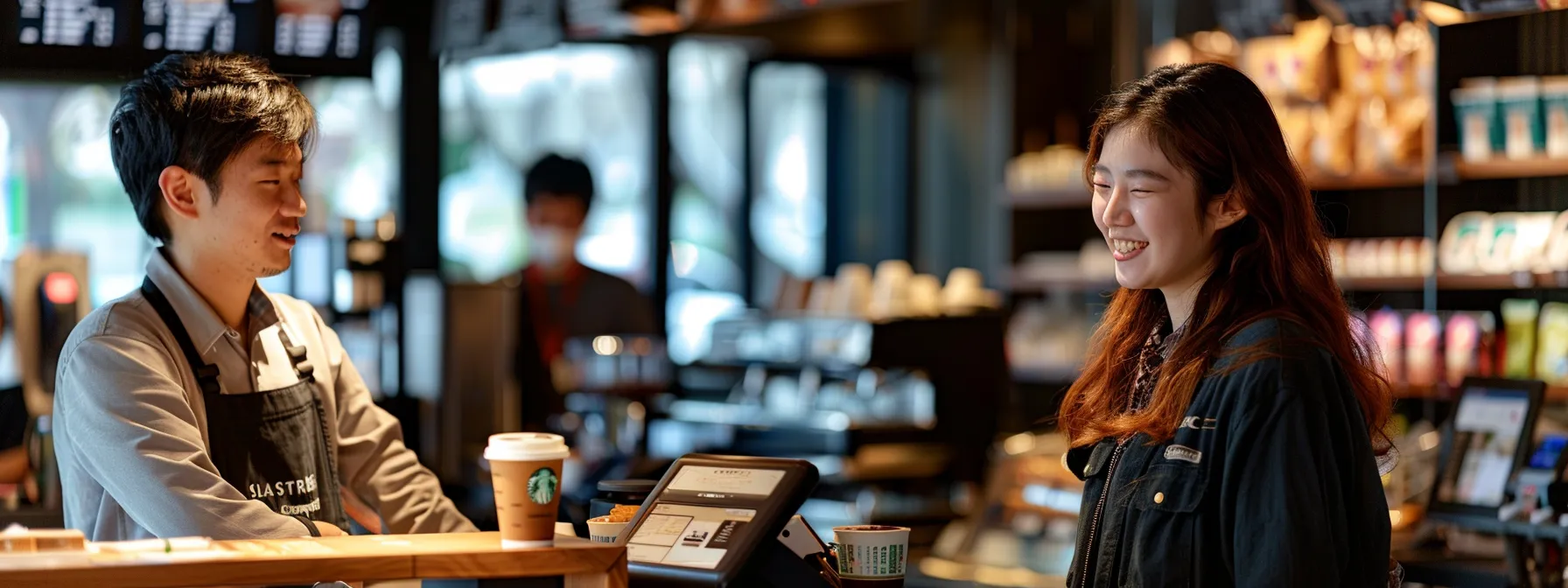 a confident customer at starbucks, clearly specifying ingredients for a customized blueberry muffin frappuccino to the barista.