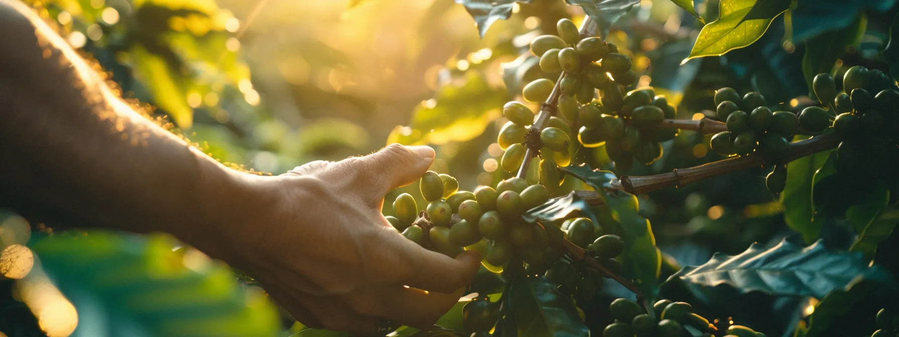 a hand picking ripe, luscious hawaiian coffee beans from a vibrant green tree under the warm island sun.