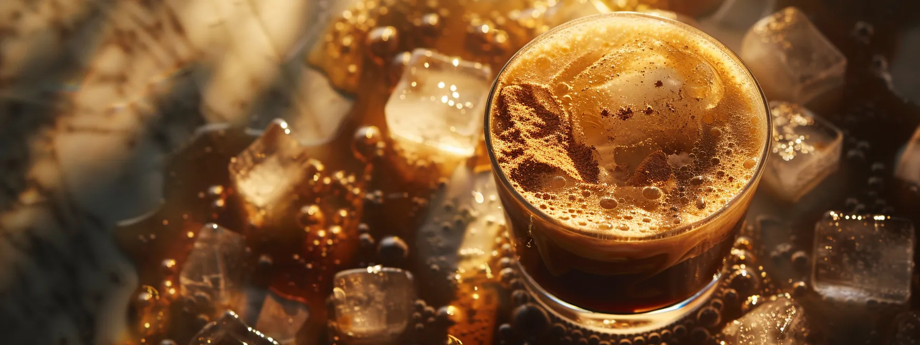 a glass filled with rich, caramel-colored espresso and creamy oat milk, topped with a layer of brown sugar syrup, surrounded by ice cubes glistening in the sunlight.