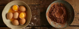 a bowl of cracked eggs next to a mixing bowl filled with cocoa powder and sugar, ready to be swapped into a chocolate cake recipe.