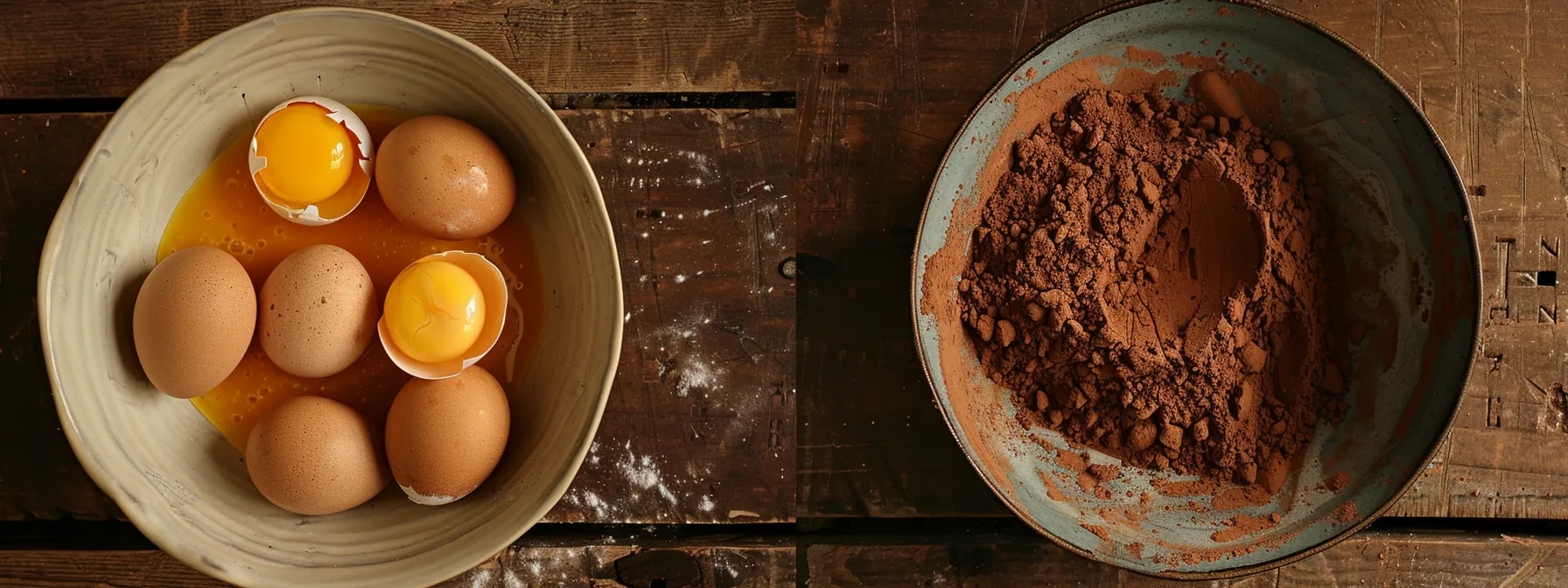 a bowl of cracked eggs next to a mixing bowl filled with cocoa powder and sugar, ready to be swapped into a chocolate cake recipe.