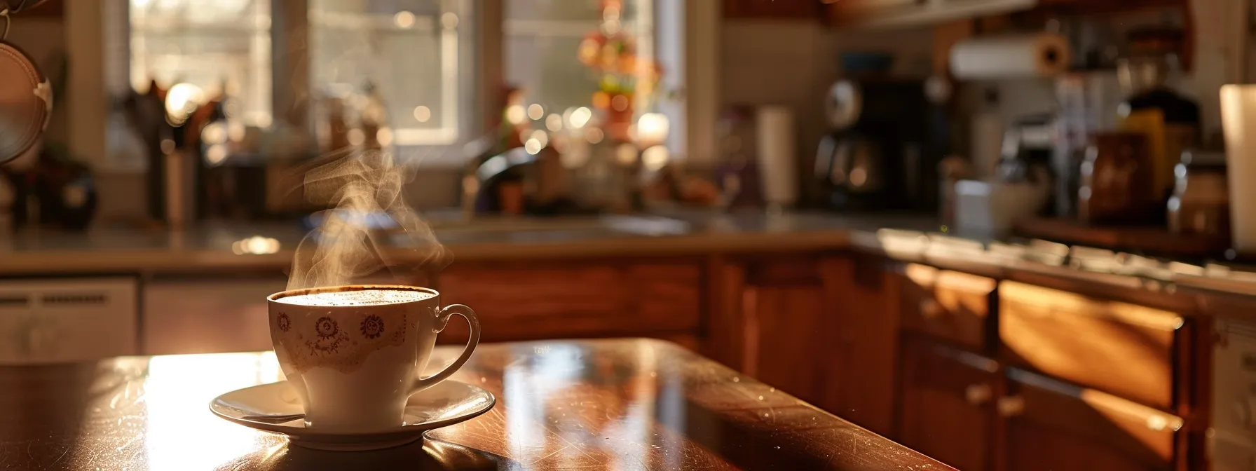 a steaming cup of rich, velvety california-style mocha against a backdrop of a cozy home kitchen with a hint of sunlight streaming in through the window.